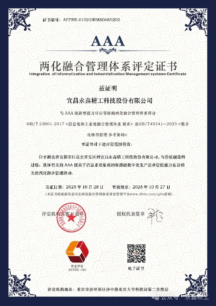 【喜報】永鑫精工成功通過國家兩化融合管理體系A(chǔ)AA級認證